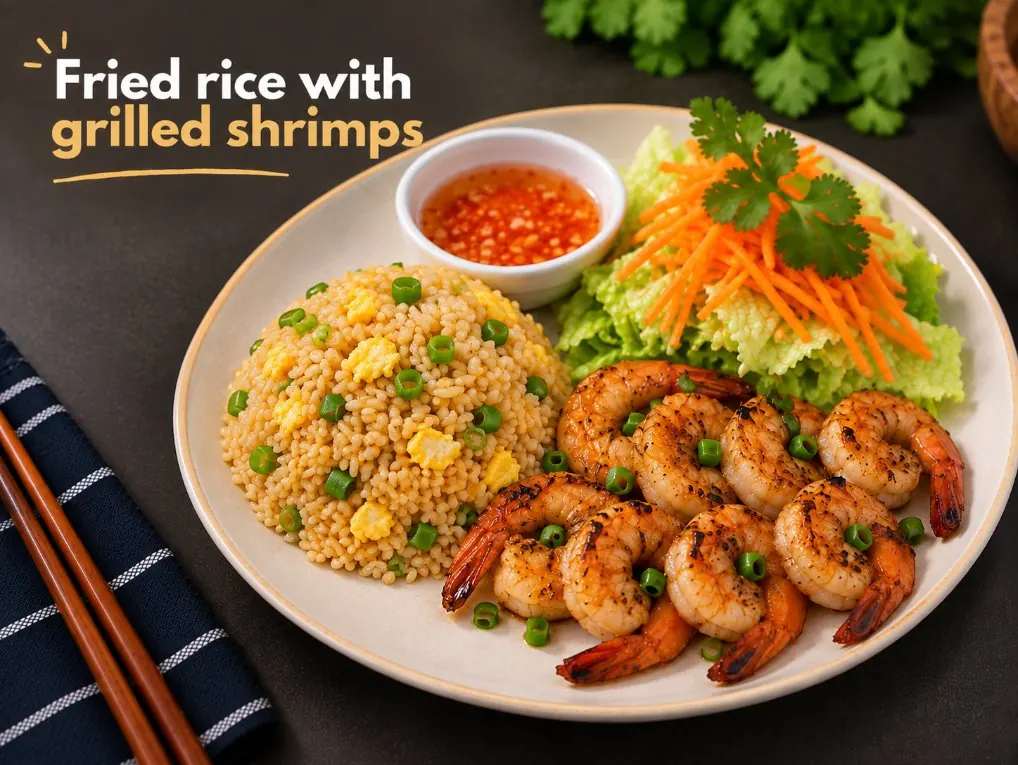 Fried rice topped with grilled shrimp
