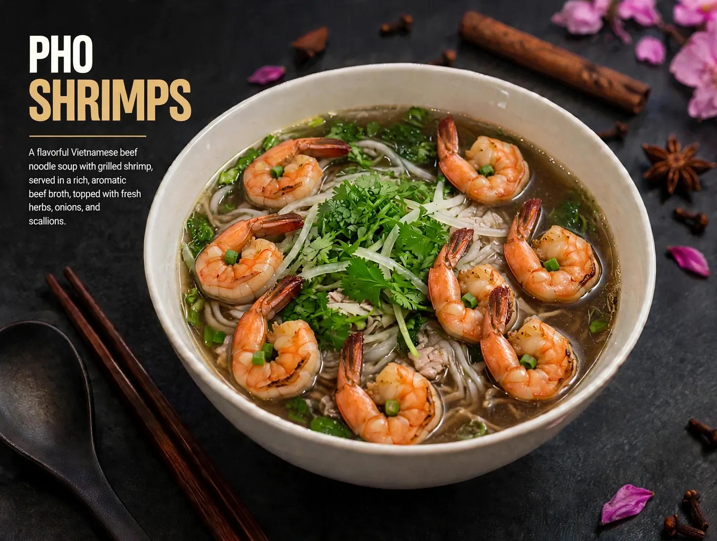 Shrimp pho with rice noodles and herbs